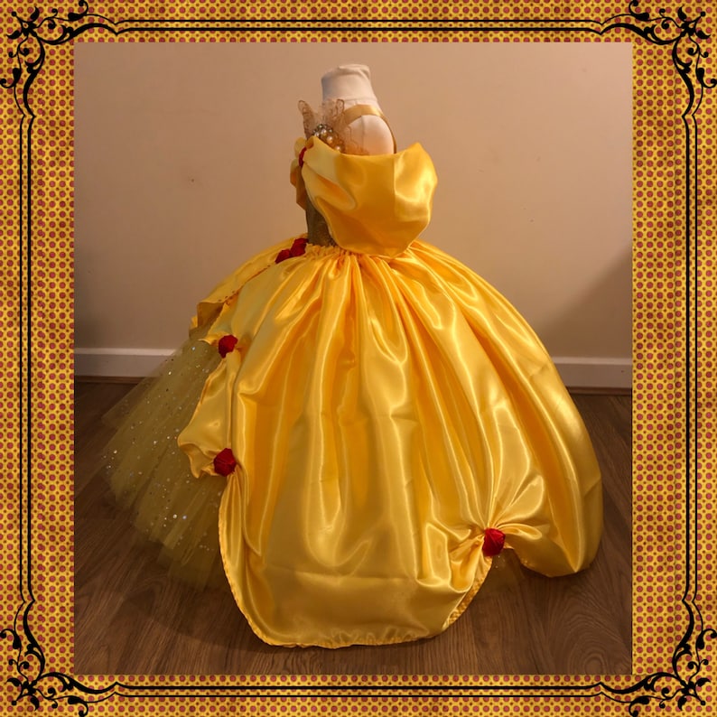 The Original Princess Belle from Beauty and the Beast Inspired Tutu Dress Ball Pageant Costume Luxury Satin Gown Yellow Red Roses Gold Tutu image 6
