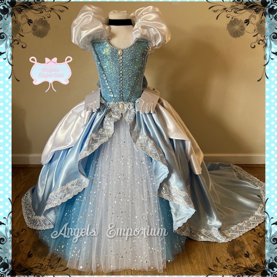 cinderella dress blue or silver Princess Tutu With Long Train Ball Gown Pageant Costume Luxury Satin Long Glitter Birthday Party Gems Gloves Halloween Lace Up Hand Made color:Yellow boohoo Women's Square Neck Size:US14/UK18