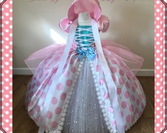 Little BO PEEP Tutu Dress Toy Story Costume Baby Pink Polka Dot Princess Satin Ball Gown Pioneer Bonnet Pageant Birthday Party Halloween