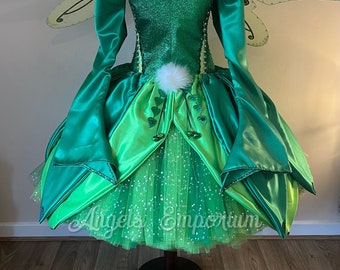 Adult Tinkerbell Inspired Tutu Dress Emerald Green Woodland Fairy Princess Costume Wings Pom Poms Tink Cosplay Ball Gown Satin Leaf Skirt