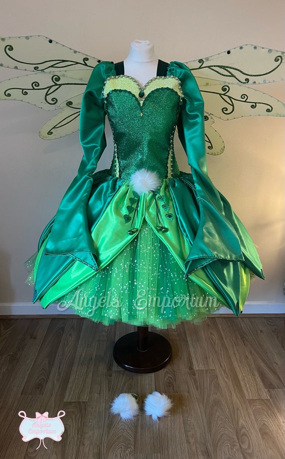 Adult Tinkerbell Inspired Tutu Dress Emerald Green Woodland Fairy Princess  Costume Wings Pom Poms Tink Cosplay Ball Gown Satin Leaf Skirt - Etsy