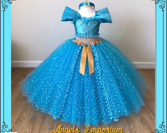 Princess Jasmine Aladdin Inspired Tutu Dress and Headband Turquoise Blue and Gold Glittering Sparkling Ball Gown Pageant Gala Party Dress