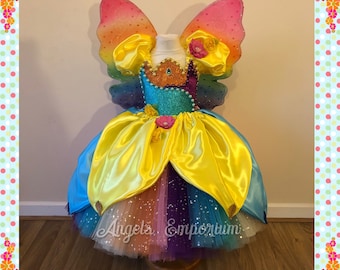 Luxury Rainbow Fairy Tutu Dress Magical Princess Pageant Costume Wings Cosplay Ball Gown Satin Leaf Skirt Bright Colourful Sparkly Outfit