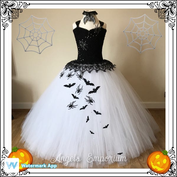 De Halloween Queen Kostuum Ghost Princess Tutu Jurk. Spiders Bats Zwart Wit Kant Sparkly Spooky Pageant Gala Party Ball Gown Dressing Up