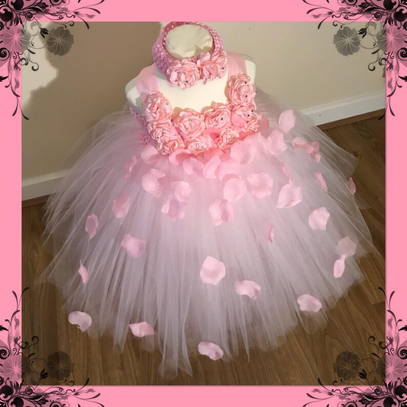 Beautiful Baby Pink Pale Pink Light Pink Flower Girl Tutu Dress Embellished with Petals. Bridesmaids Weddings Christening Special Occasions. image 6