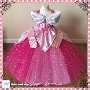 Princess Aurora Sleeping Beauty Inspired Tutu Dress Ball Pageant Costume Luxury Satin Gown Pink White Long Sparkly Tutu Dress With Gloves