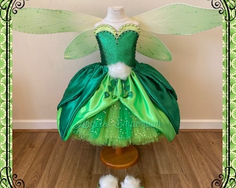 Luxury Tinkerbell Inspired Tutu Dress Emerald Green Woodland Fairy Princess Costume Wings Pom Poms Tink Cosplay Ball Gown Satin Leaf Skirt