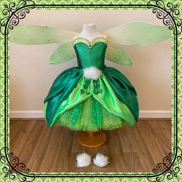 Vestido de tutú inspirado en Tinkerbell de lujo Verde esmeralda Bosque Hada Princesa Traje Alas Pom Poms Tink Cosplay Vestido de fiesta Falda de hoja de satén