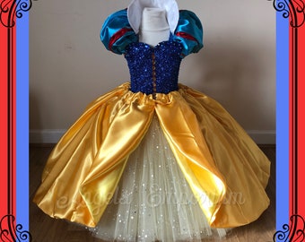 Princess Snow White Inspired Tutu Dress Ball Gown Pageant Costume Luxury Satin Blue Yellow Glitter Long Sparkly Birthday Party Oufit