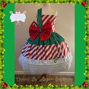 SALE! Pageant Ready Fun Festive Candy Cane Stripes Emerald Christmas Gift Satin Party Tutu Dress Holiday Season Xmas UK 11-12 yrs US 12