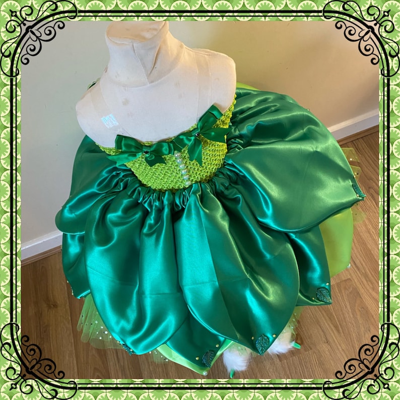 Luxury Tinkerbell Inspired Tutu Dress Green Yellow Woodland Fairy Princess Costume Wings Pom Poms Tink Cosplay Ball Gown Satin Leaf Skirt image 9