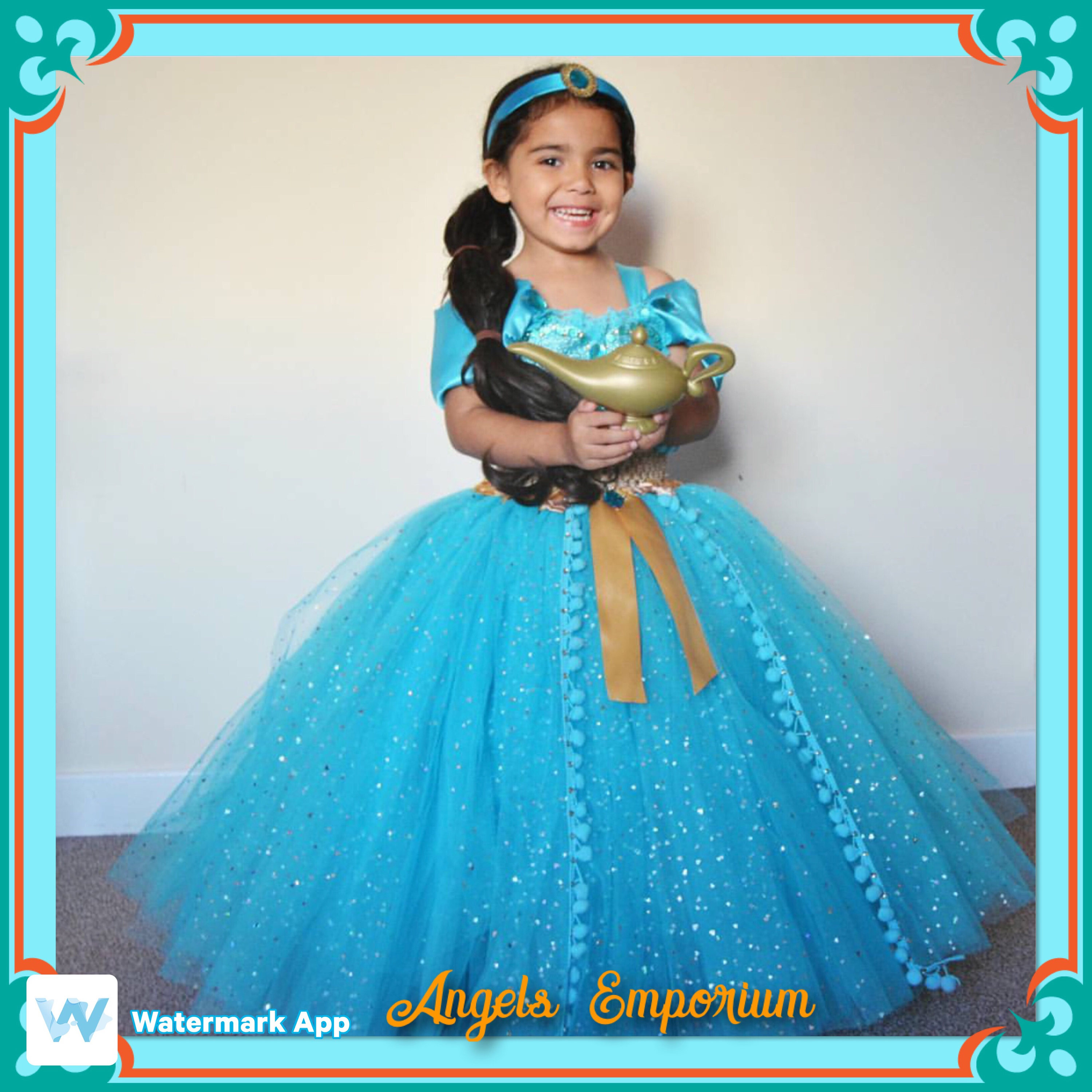 Princess Jasmine Aladdin Inspired Tutu Dress and Headband Turquoise Blue  and Gold Glittering Sparkling Ball Gown Pageant Gala Party Dress -   Sweden