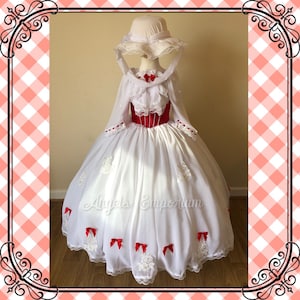 Adult Size Mary Poppins Inspired Tutu Dress White Jolly Holiday Ball Gown Hat Chiffon Skirt Red Bow Theatre Costume Cosplay Princess Pageant
