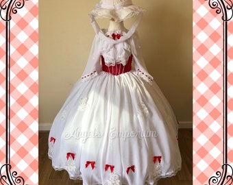 Adult Size Mary Poppins Inspired Tutu Dress White Jolly Holiday Ball Gown Hat Chiffon Skirt Red Bow Theatre Costume Cosplay Princess Pageant