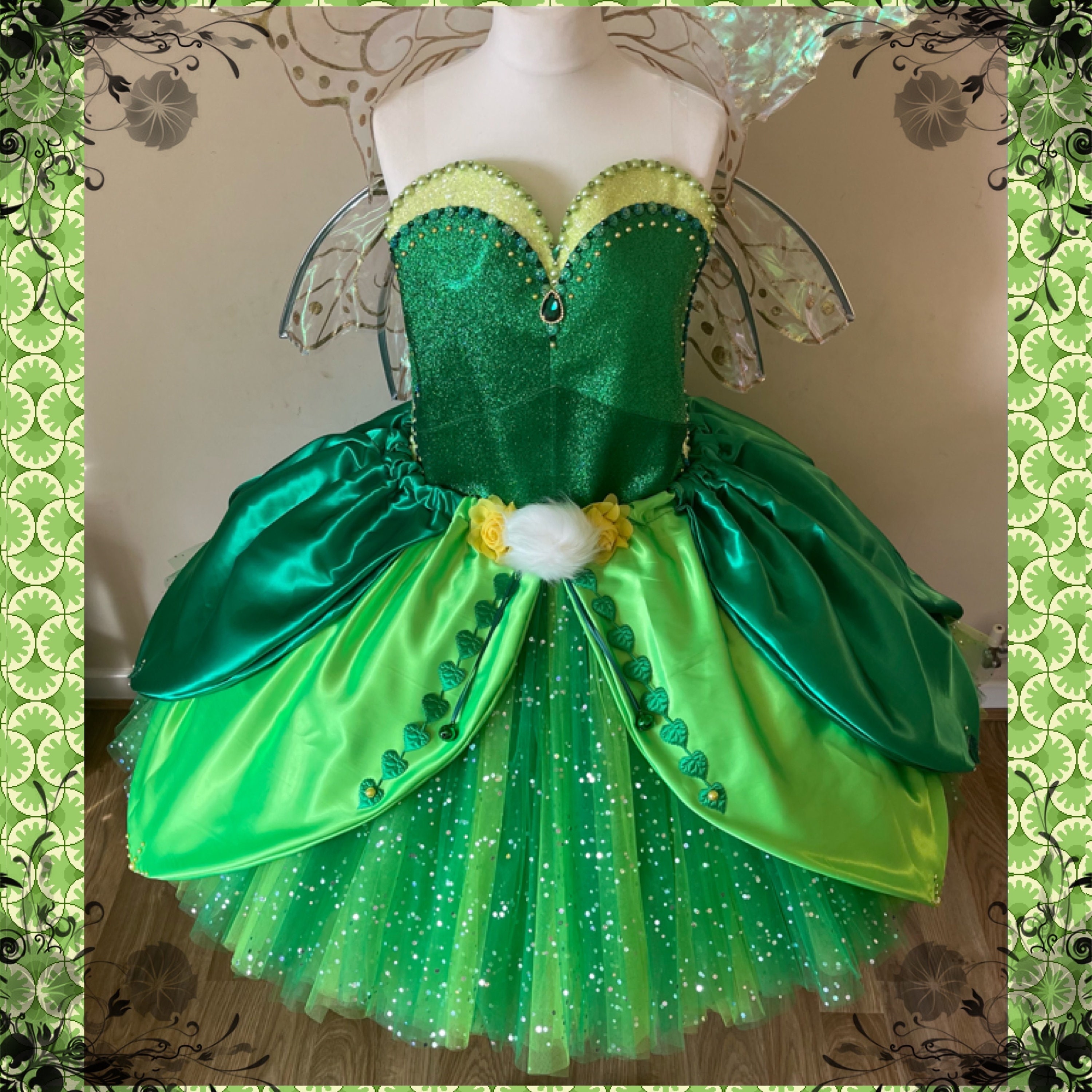 green tinkerbell dress womens Adult Inspired Tutu Emerald Woodland Fairy Princess Costume Wings Pom Poms Tink Cosplay Ball Gown Satin Leaf Skirt Glamorous Party Gown