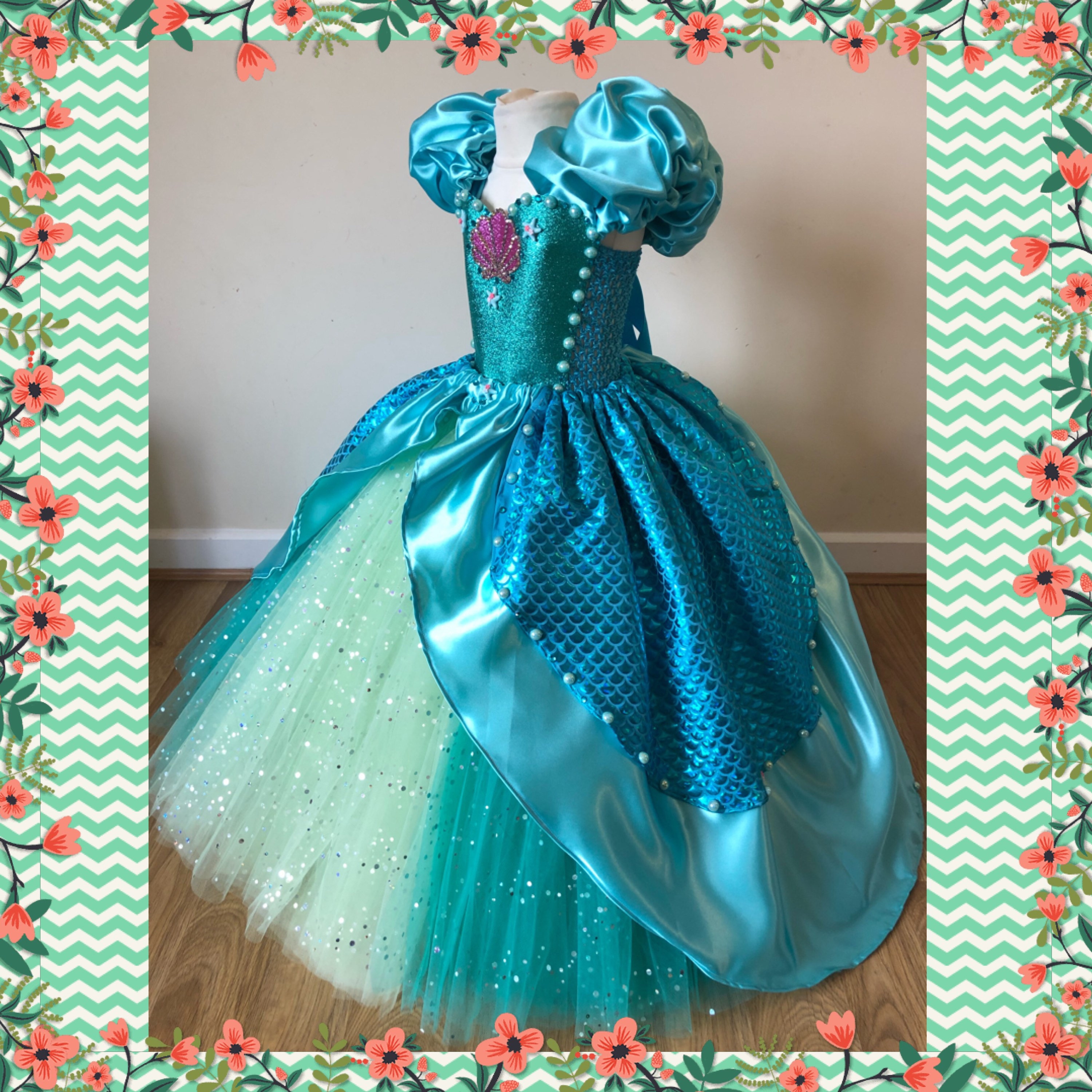 Princess Ariel the Little Mermaid Inspired Tutu Dress Satin Aqua Green Ball Gown Birthday Party Outfit Pageant Wear Halloween Costume Scales