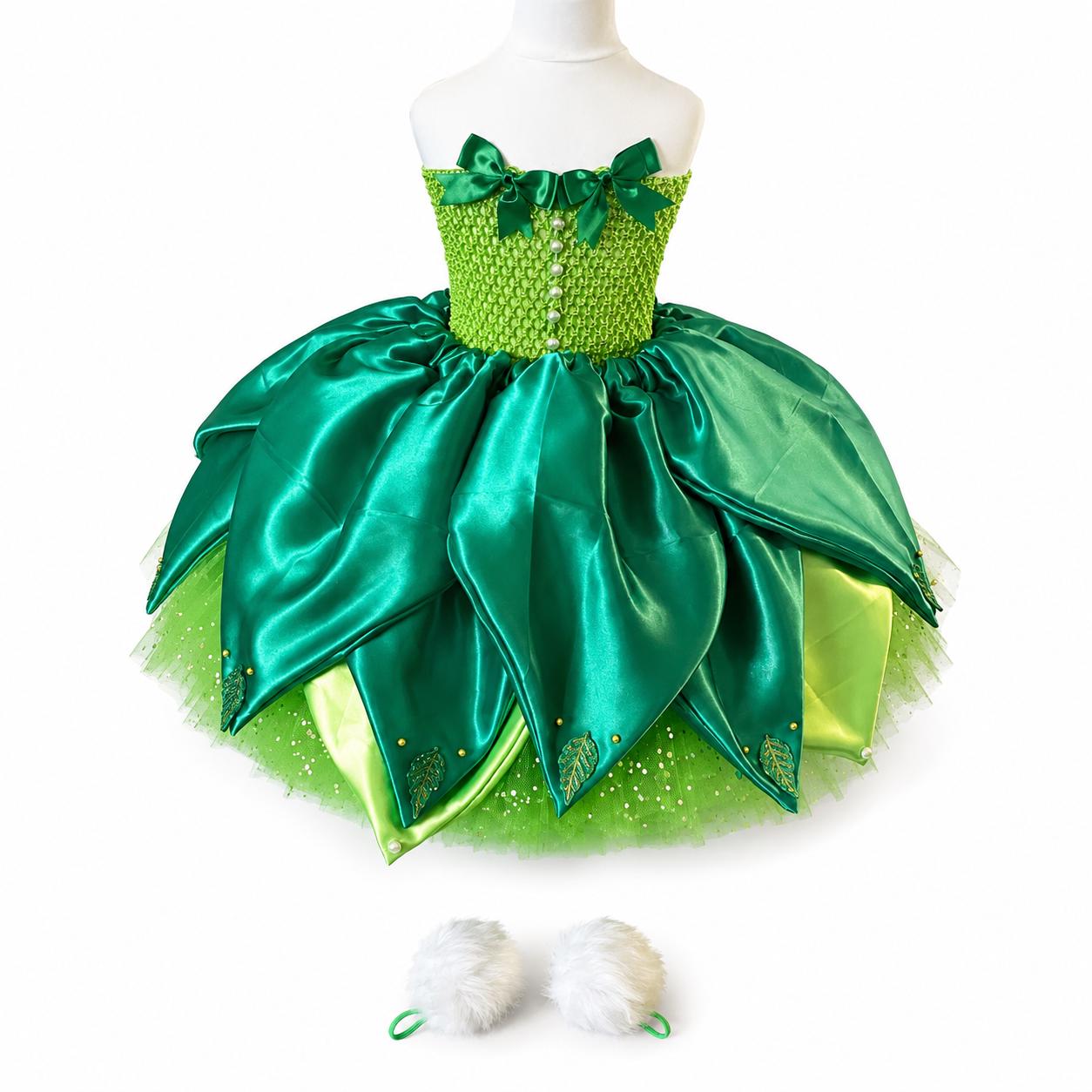 Luxury Tinkerbell Inspired Tutu Dress Green Yellow Woodland Fairy Princess Costume Wings Pom Poms Tink Cosplay Ball Gown Satin Leaf Skirt