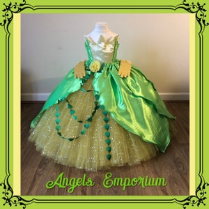 The Frog Princess Tiana Inspired Tutu Dress Cosplay Costume Pageant Ball Gown Birthday Party Halloween Sparkly Dressing Up Lime Green Yellow