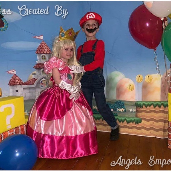 Princess Peach Inspired Tutu Dress Super Mario Pageant Costume Cosplay Luxury Satin Ball Gown Pink Long Tutu Dress With Gloves Crown Glitter