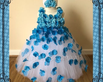 Beautiful Sky Ocean Baby Blue White Flower Girl Tutu Dress Embellished with Petals. Bridesmaids Weddings Christening Special Occasions Petal