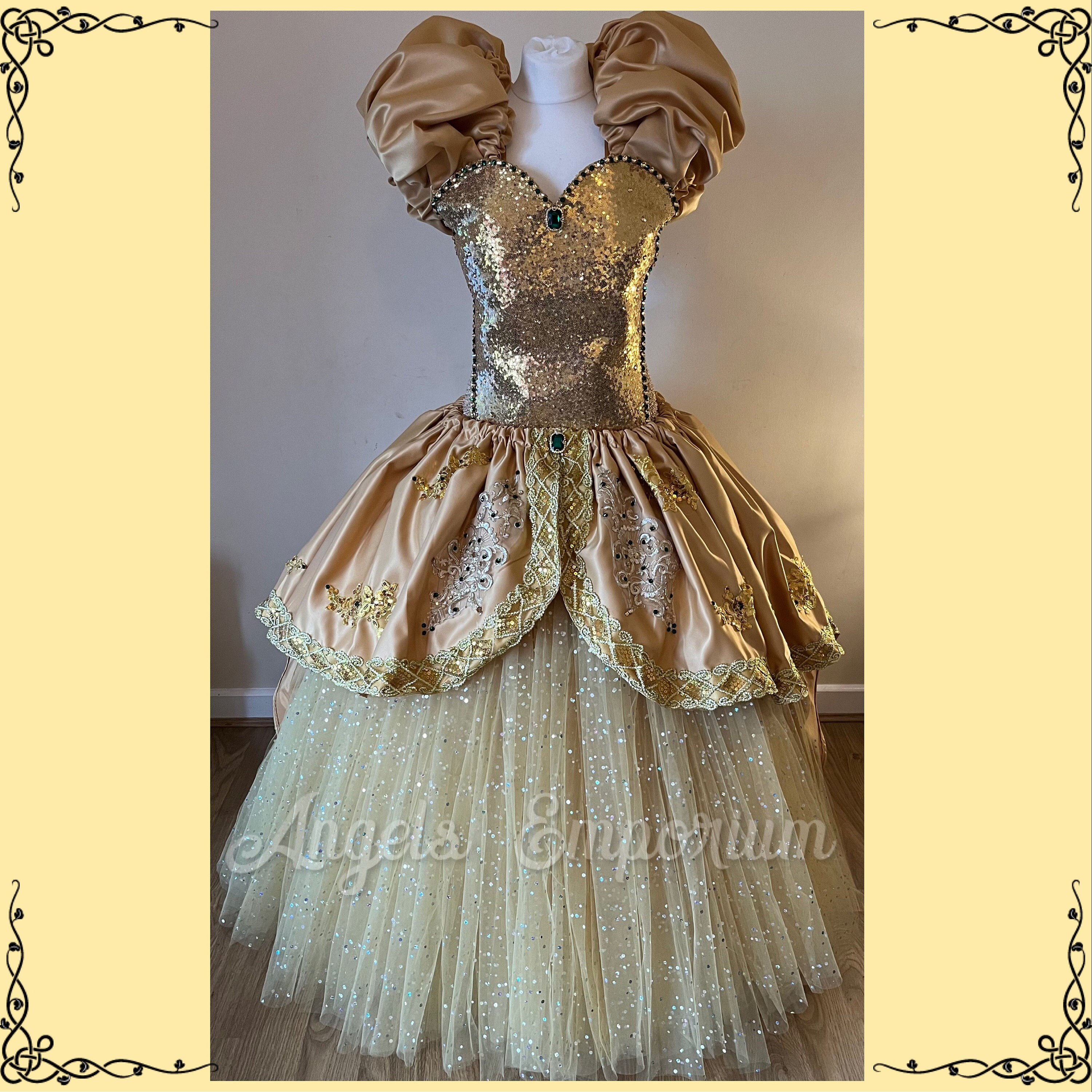 Luxury Gold Sequin Princess Tutu Dress Duchess Satin Pageant Ball Gown Regal Costume Cosplay Birthday Party Outfit Golden Emerald Crystals