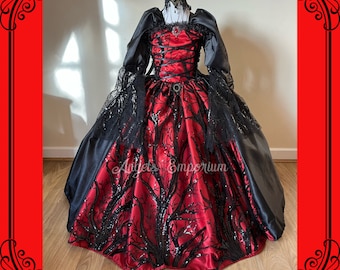 May include: A red and black sequined gown with a black lace overlay and a black satin bodice. The gown has a fitted bodice with a lace-up front and a full skirt. The skirt is decorated with a black sequined tree design. The gown is accented with a black velvet belt and a black choker necklace.