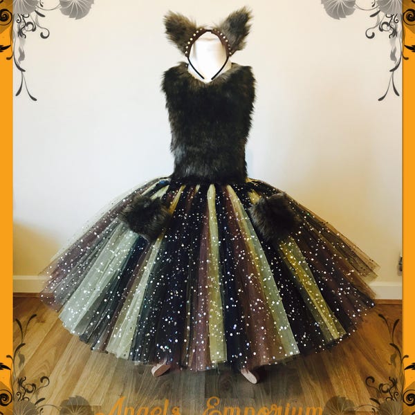Luxury Faux Fur Werewolf Wolf Tutu Dress with matching ears and cuffs. Halloween Costume fancy dress party animal tutu pageant birthday