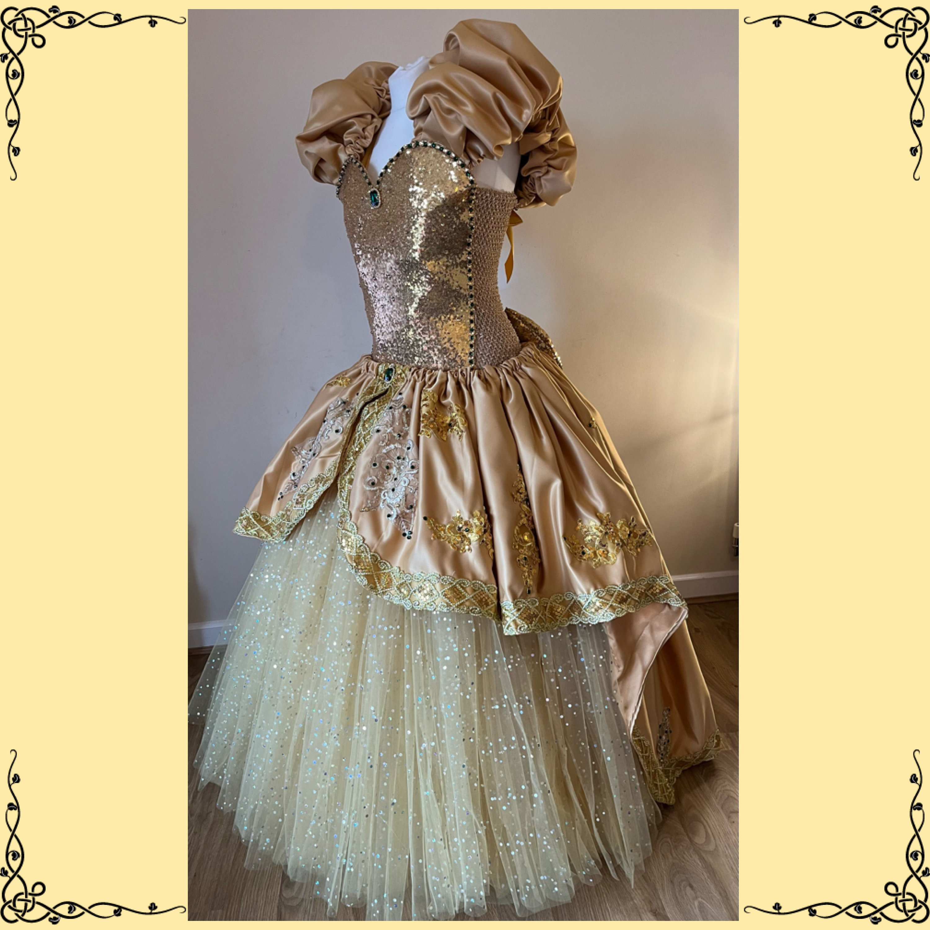 Luxury Gold Sequin Princess Tutu Dress Duchess Satin Pageant Ball Gown Regal Costume Cosplay Birthday Party Outfit Golden Emerald Crystals Luxury Gold Sequin Princess Tutu Dress Duchess Satin Pageant Ball Gown Regal Costume Cosplay Birthday Party Outfit Golden Emerald Crystals