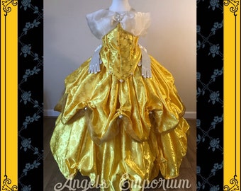 The Real Princess Belle Tutu Dress Swarovski Ball Gown Gold Yellow Rose Print Satin Ivory Skirt Beauty & The Beast Pageant Halloween Party