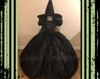 The Wicked Witch of The West Inspired Tutu Dress Costume Wizard Of Oz Sparkly Glitter Organza Pageant Ball Gown Princess Outfit Black Hat