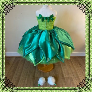 Luxury Tinkerbell Inspired Tutu Dress Green Yellow Woodland Fairy Princess Costume Wings Pom Poms Tink Cosplay Ball Gown Satin Leaf Skirt image 8