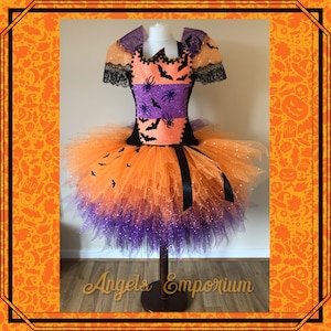 The Spooktacular Princess Adult Size Halloween Party Costume Witch Tutu Dress Bats Spiders Ball Gown Orange Black Purple Glitter Ombré