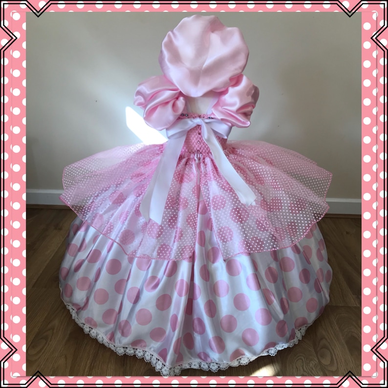 Little BO PEEP Tutu Dress Toy Story Costume Baby Pink Polka Dot Princess Satin Ball Gown Pioneer Bonnet Pageant Birthday Party Halloween