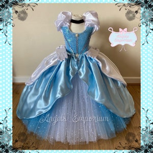 Princess Cinderella Tutu Dress Ball Gown Pageant Costume Luxury Satin Blue Long Glitter Birthday Party Swarovski Gems Gloves Halloween