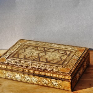 Antique  letterbox, tribal box, intarsia box, large, keepsake gift  marquetry jewellry box
