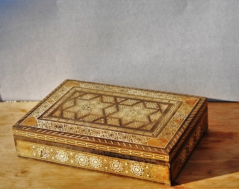 Antique  letterbox, tribal box, intarsia box, large, keepsake gift  marquetry jewellry box