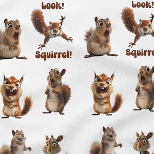 May include: A white background with a repeating pattern of a cartoon squirrel in various poses. The squirrel is brown and white with a bushy tail. The text "Look! Squirrel!" is repeated throughout the image.