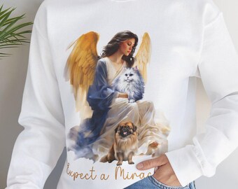 Erwarten Sie ein Miracle Angle Sweatshirt mit Pekinese und weißer Katze, Engel und Tiere Shirt, Dunkelhaariger Engel Sweatshirt