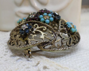 BSK Vintage Dome Shaped  Brooch, Fabulous Colors and Sparkle, A Rare Find!