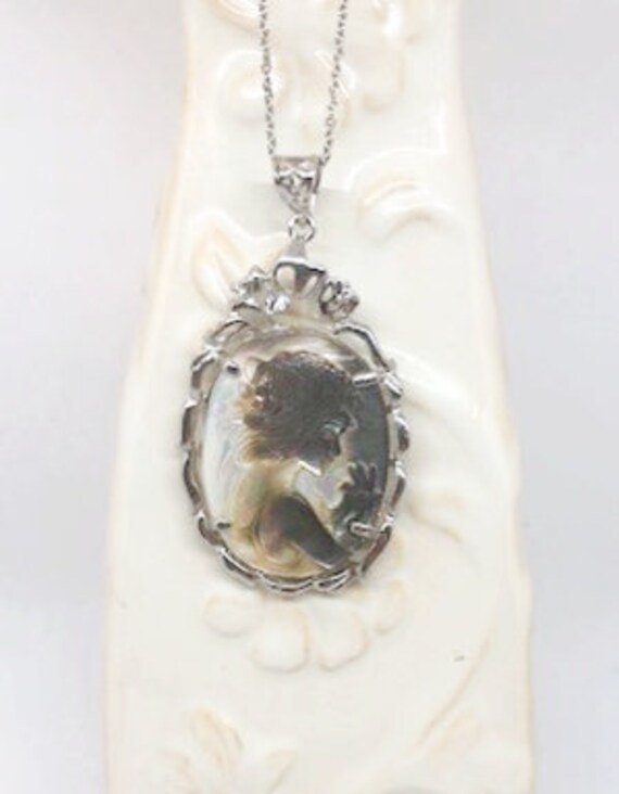 Retro 80s Cameo Black Mother of Pearl Silver Tone… - image 5