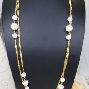 Vintage Necklace, White Beads, Gold Tone Chain, Matching Marvella Earrings