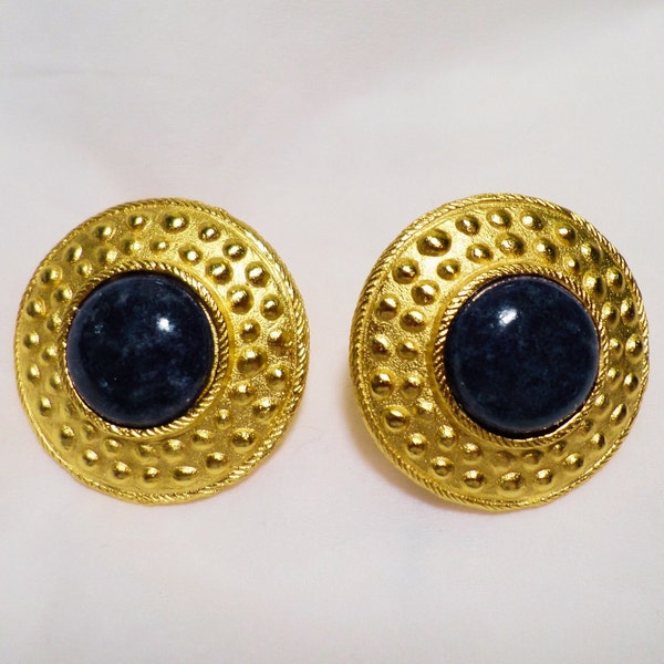 MFA Bue Lapis Gold Tone Pierced Earrings, Rare Find Stunning 80's Vintage Gold tone Cabachon Earrings, Gift Vintage Jewelry, Lapis Lazuli