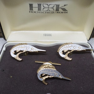 Swank Cufflinks and Tie Tac Set, Fishing, Marlins, Original Box, Vintage Swank Fishing Gift, Groom Gift, Birthday Gift Swank, Father&#39;s Day