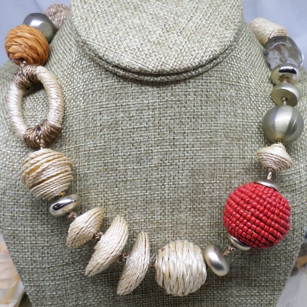 Chico's Vintage Woven Red Beige Statement Necklace 80s Retro Groovy Look, Chico Collector Find, Statement Necklace, Bling Necklace