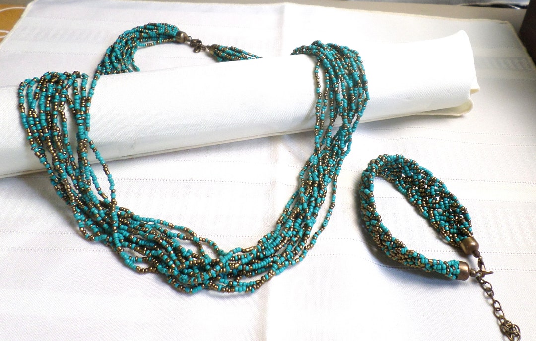 Retro Beaded Turquoise Necklace, 28 Inch Seed Turquoise Beads ...