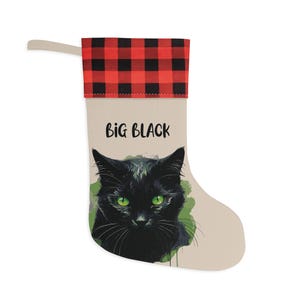 パーソナライズされた黒猫のクリスマスストッキング、名前入りのかわいい黒猫のストッキング、猫の飼い主へのギフト、かわいいチェック柄のペットストッキング