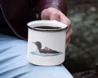 Lake Sunapee NH Enamel Camping Mug, Loons on Lake Mug, Lake Sunapee Loon Mug, Enamel Camping Cup, Original Art Sunapee Indoor Outdoor Mug