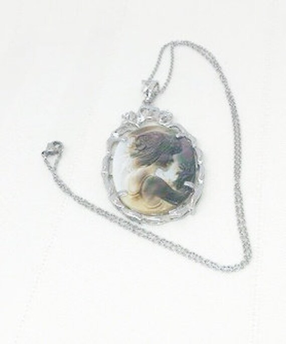 Retro 80s Cameo Black Mother of Pearl Silver Tone… - image 4