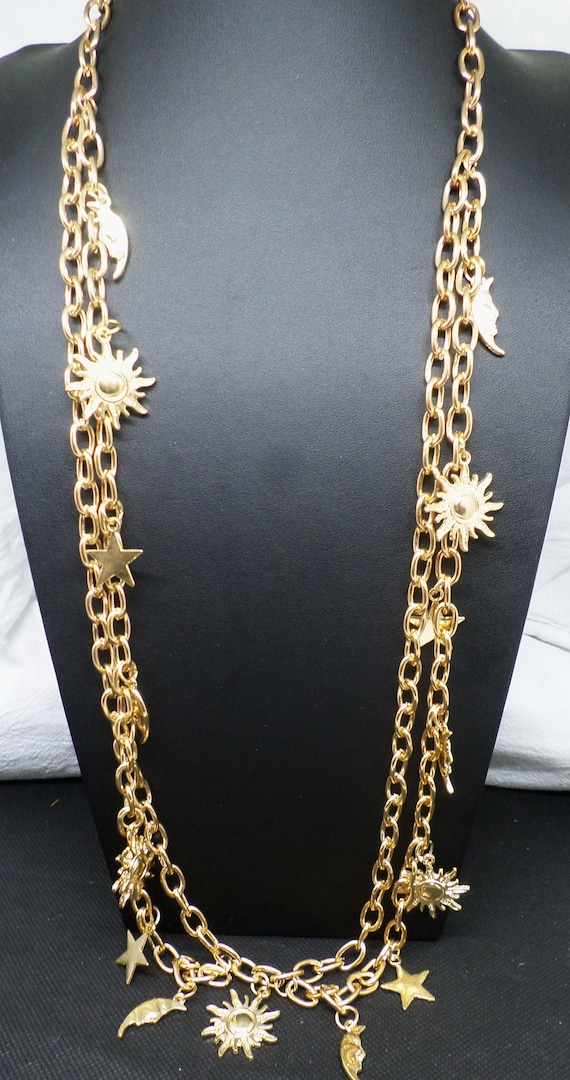 Vintage Sun Moon and Stars Necklace Gold Tone 90s, Retro