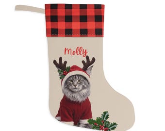 Personalized Cat in Santa Hat Christmas Stocking | Plaid Cuff